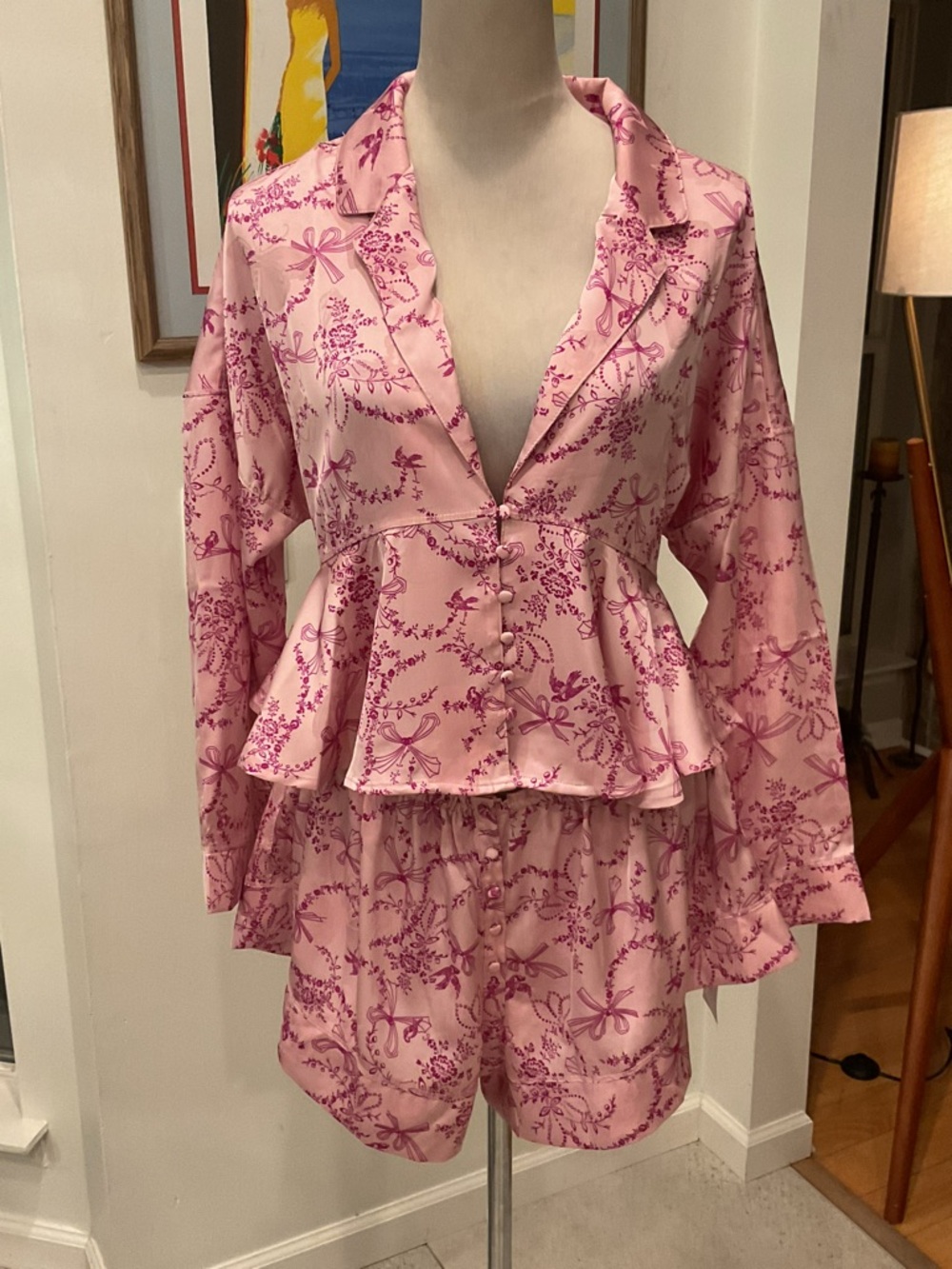Free People Pink Floral Bow Print Satin Pajama Set - Picture 2 of 11